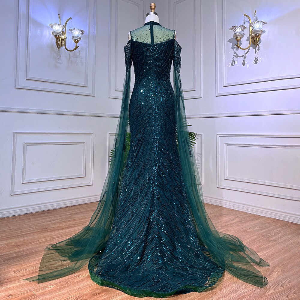 Vestido de noche formal árabe de sirena verde con cuentas y mangas estilo capa para mujer, vestido de fiesta de boda LA72041