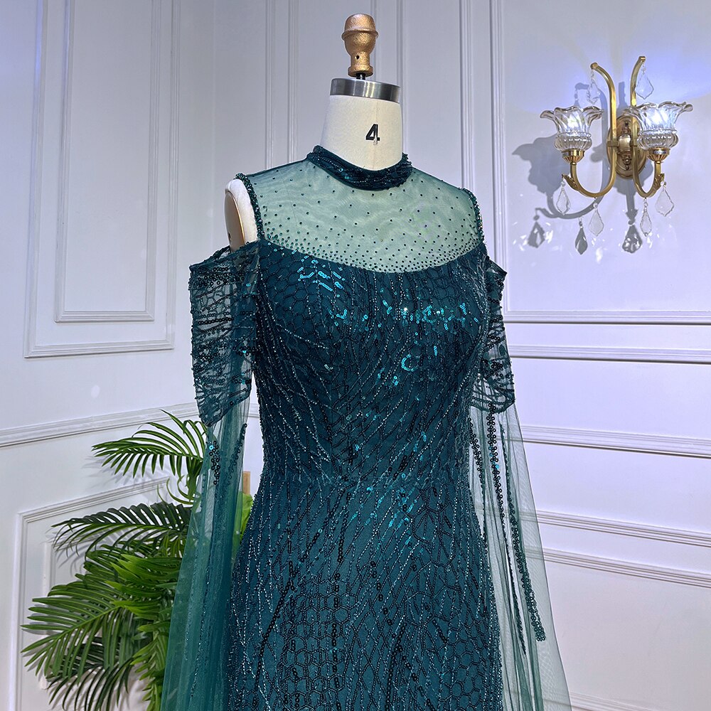 Vestido de noche formal árabe de sirena verde con cuentas y mangas estilo capa para mujer, vestido de fiesta de boda LA72041