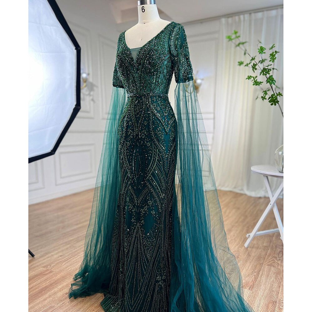 Elegante vestido de noche árabe de sirena verde con cuentas y mangas estilo capa para mujer, ideal para bodas 2025 LA72131