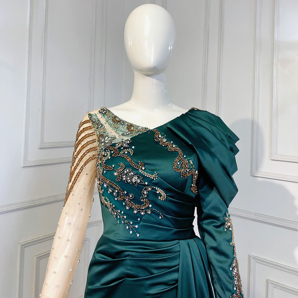 Vestido de noche árabe verde sirena con escote en V, elegante sobrefalda de encaje de lujo con cuentas, 2025, para mujer, fiesta LA71578