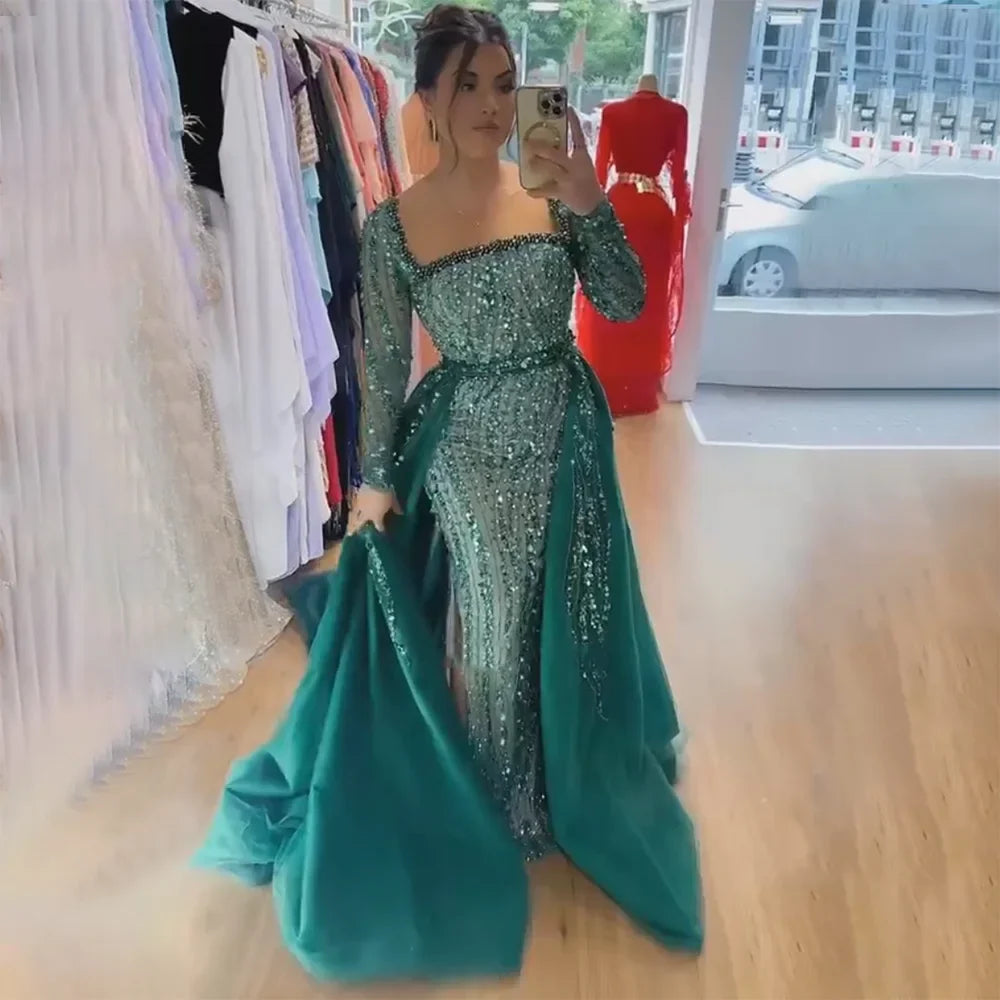 Vestidos de noche árabes de sirena con sobrefalda y cuentas, de lujo, para ocasiones formales, LA72710