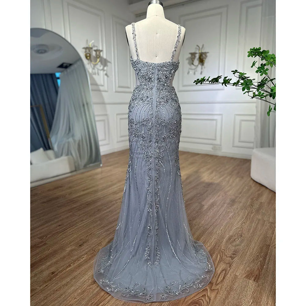 Elegante vestido de noche árabe gris sirena con tirantes finos, de lujo, con cuentas, para mujer, fiesta, LA71652