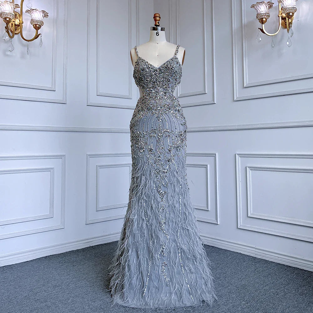 Elegante vestido de noche árabe gris sirena con tirantes finos, de lujo, con cuentas, para mujer, fiesta, LA71652