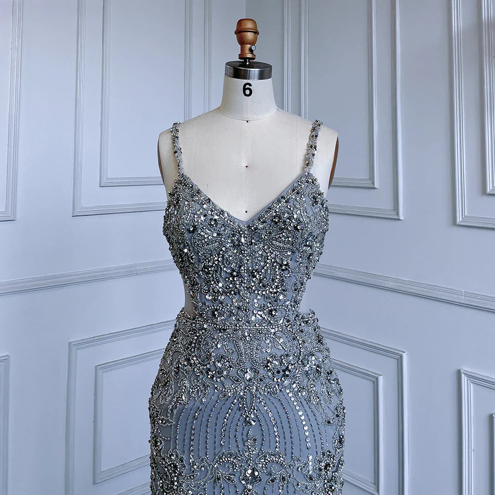 Vestido de noche árabe de sirena gris con tirantes finos, de lujo, con cuentas, para boda, LA71652A, 2025