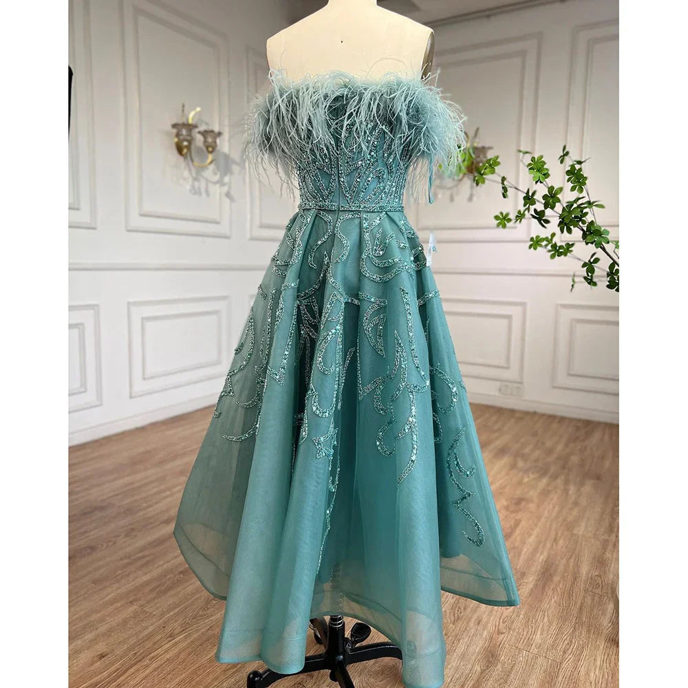 Vestido de noche de lujo con plumas y cuentas, corte en A, largo hasta el tobillo, color lila árabe, para mujer, para boda, fiesta, 2025, LA71932