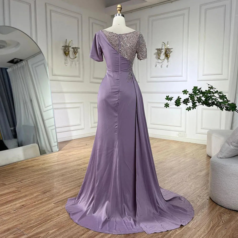 Elegante vestido de noche de sirena árabe lila con cuentas de satén gris de Dubái para mujer, vestido de fiesta de boda LA72583