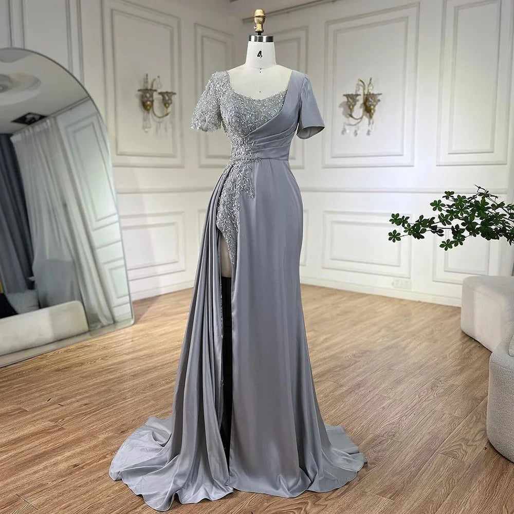 Elegante vestido de noche de sirena árabe lila con cuentas de satén gris de Dubái para mujer, vestido de fiesta de boda LA72583