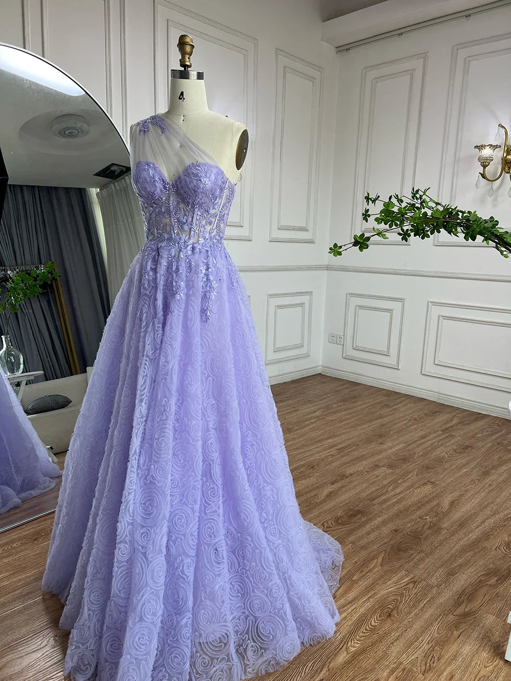 Vestido de fiesta de lujo árabe lila de un solo hombro con apliques de encaje, corte A, para mujer, 2025 LA72637