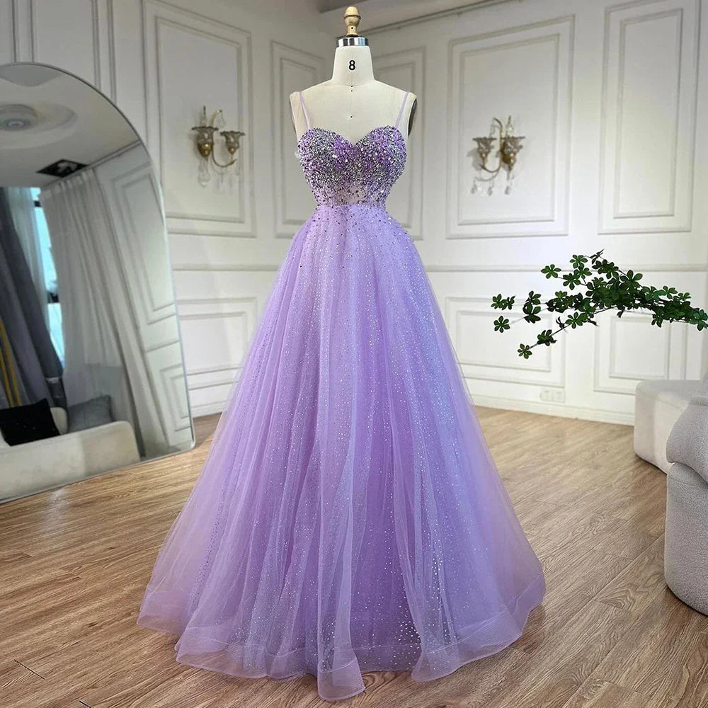 Vestidos de noche árabes de Dubái, de lujo, con tirantes finos, corte A y cuentas, para mujer, para fiesta 2025, LA72571
