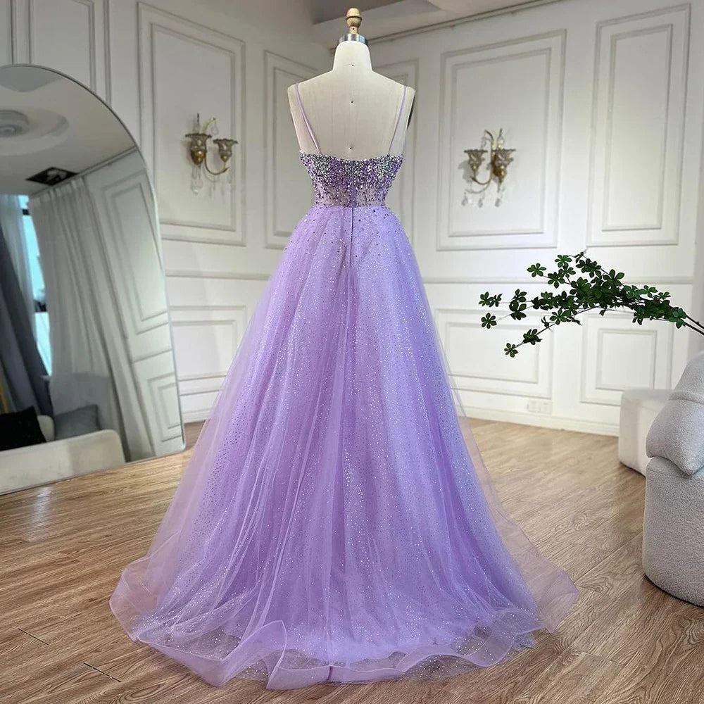 Vestidos de noche árabes de Dubái, de lujo, con tirantes finos, corte A y cuentas, para mujer, para fiesta 2025, LA72571