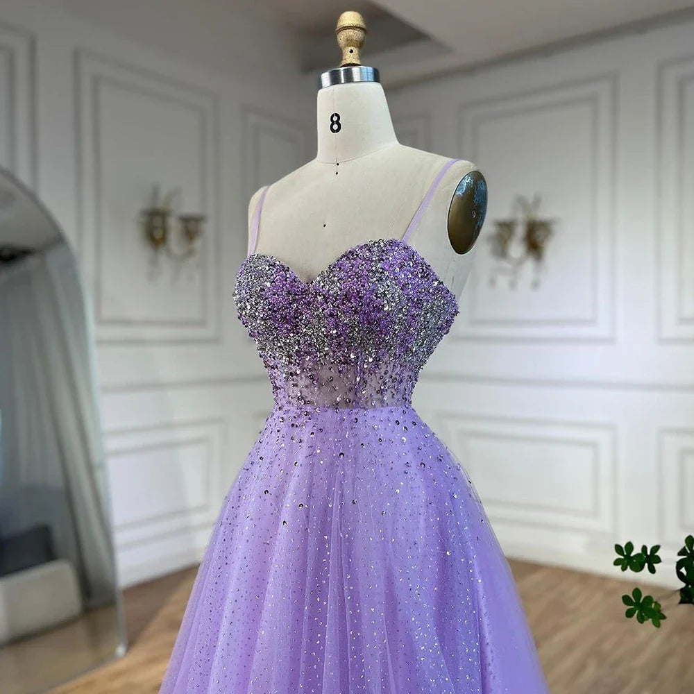 Vestidos de noche árabes de Dubái, de lujo, con tirantes finos, corte A y cuentas, para mujer, para fiesta 2025, LA72571