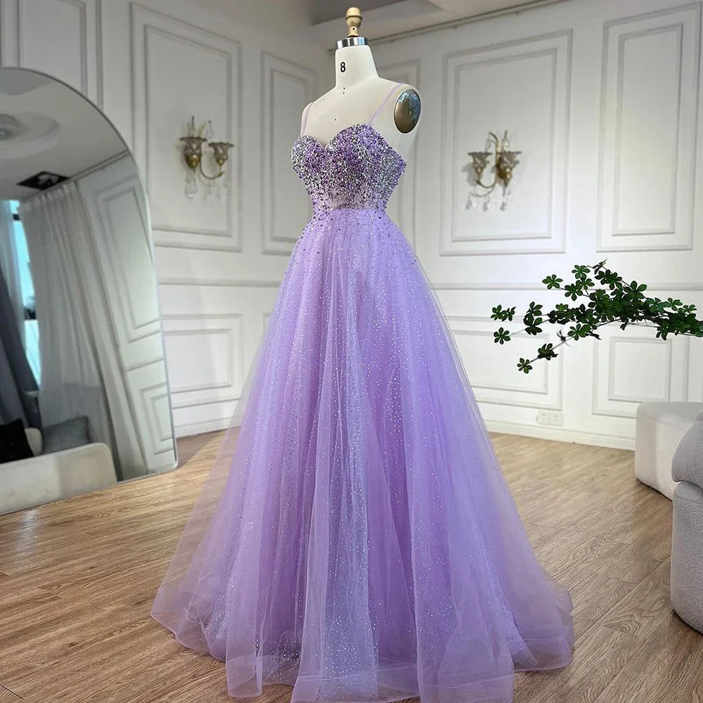 Vestidos de noche árabes de Dubái, de lujo, con tirantes finos, corte A y cuentas, para mujer, para fiesta 2025, LA72571