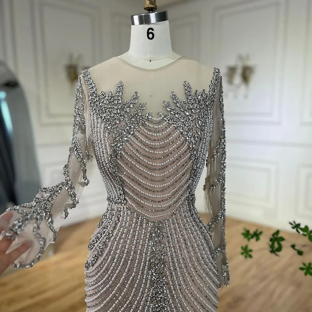 Vestidos de noche árabes de lujo con perlas de cristal color nude y plateados de Dubái para mujer, vestido formal de boda, fiesta de graduación, 2025 LA72478