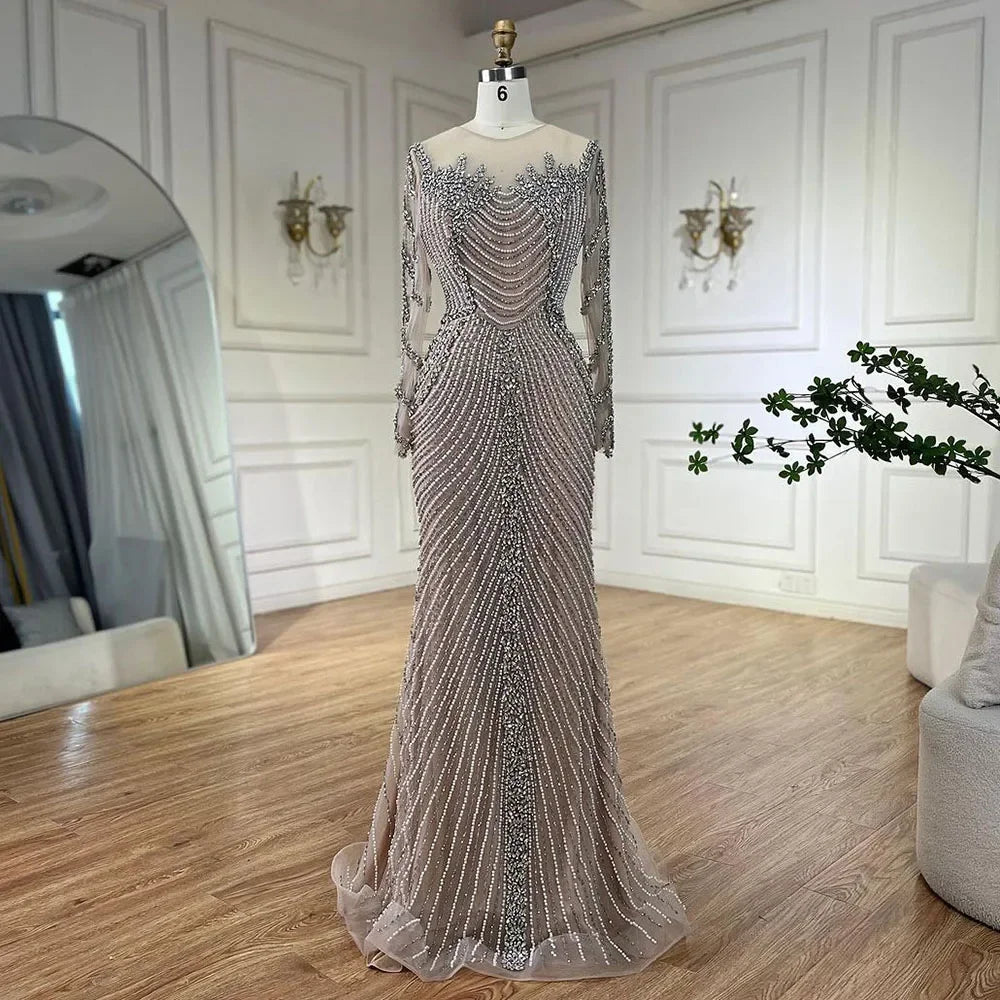 Vestidos de noche árabes de lujo con perlas de cristal color nude y plateados de Dubái para mujer, vestido formal de boda, fiesta de graduación, 2025 LA72478