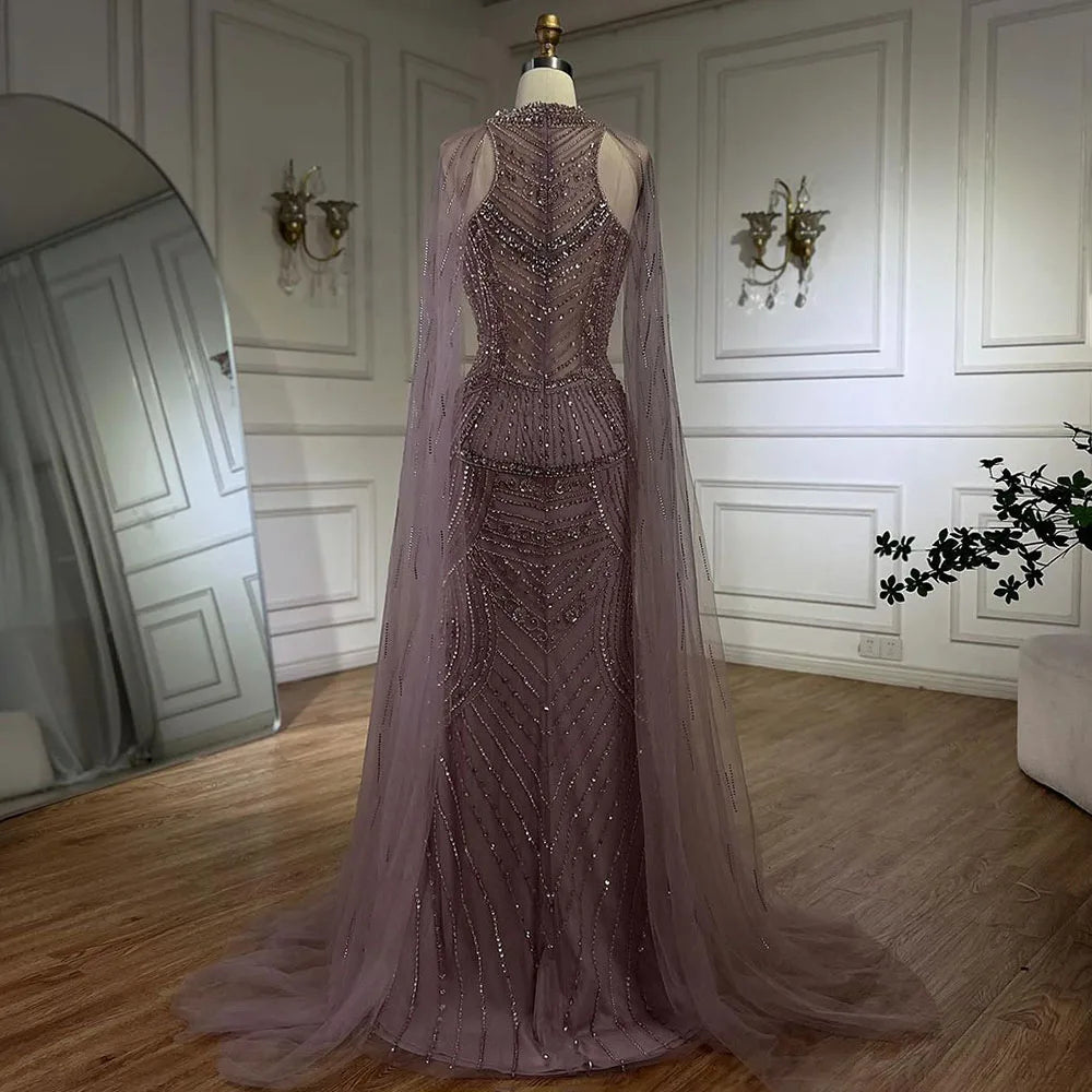 Luxuriöses Dubai Champagner Meerjungfrau Abendkleid mit Cape-Ärmeln LA72138
