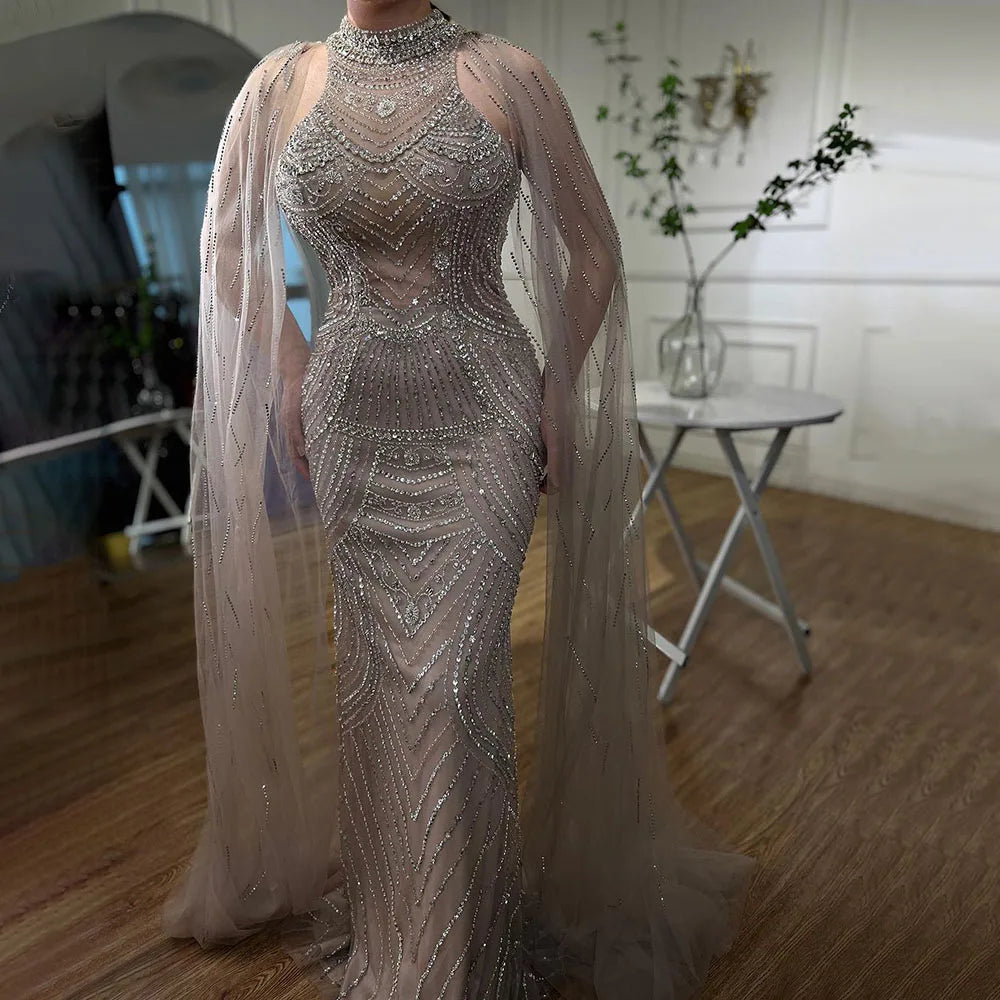 Luxuriöses Dubai Champagner Meerjungfrau Abendkleid mit Cape-Ärmeln LA72138