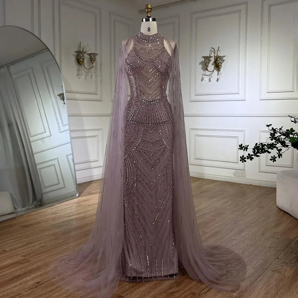 Luxuriöses Dubai Champagner Meerjungfrau Abendkleid mit Cape-Ärmeln LA72138