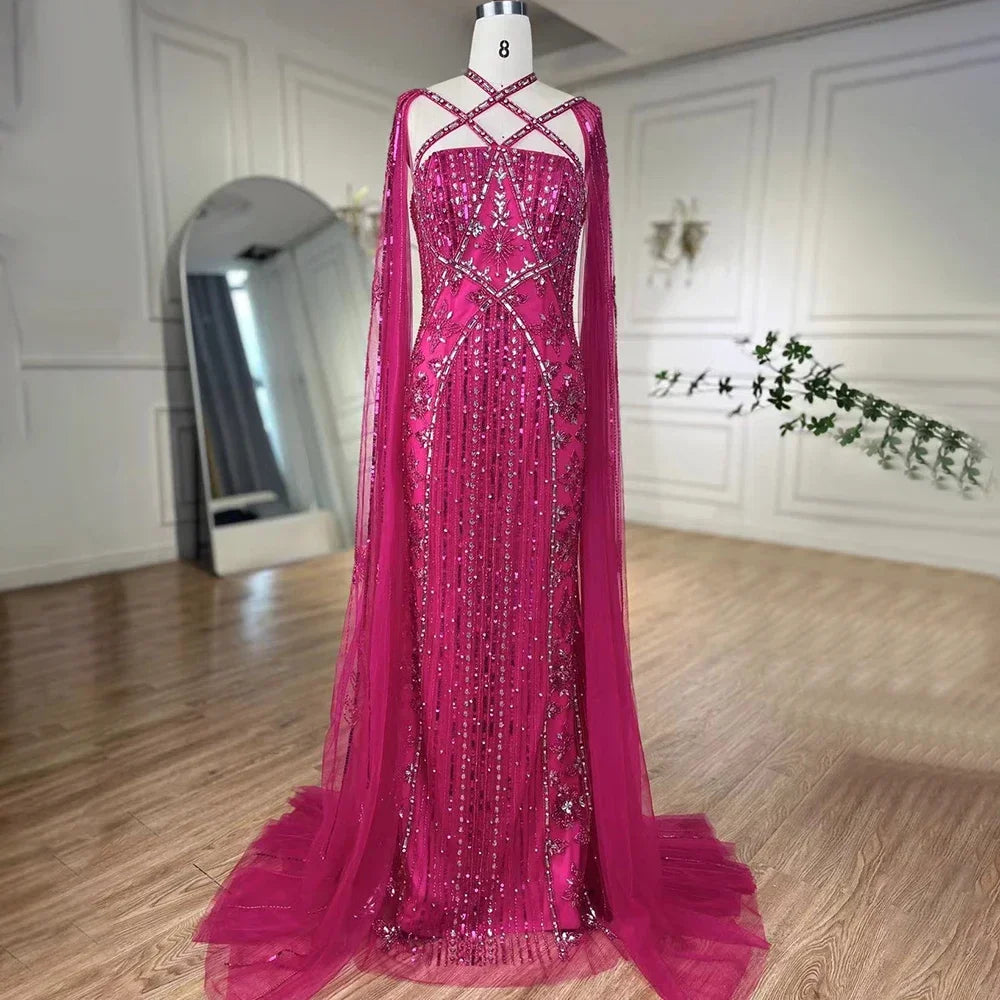 Luxuriöses aqua-lila Meerjungfrau-Abendkleid mit Cape-Ärmeln LA71905