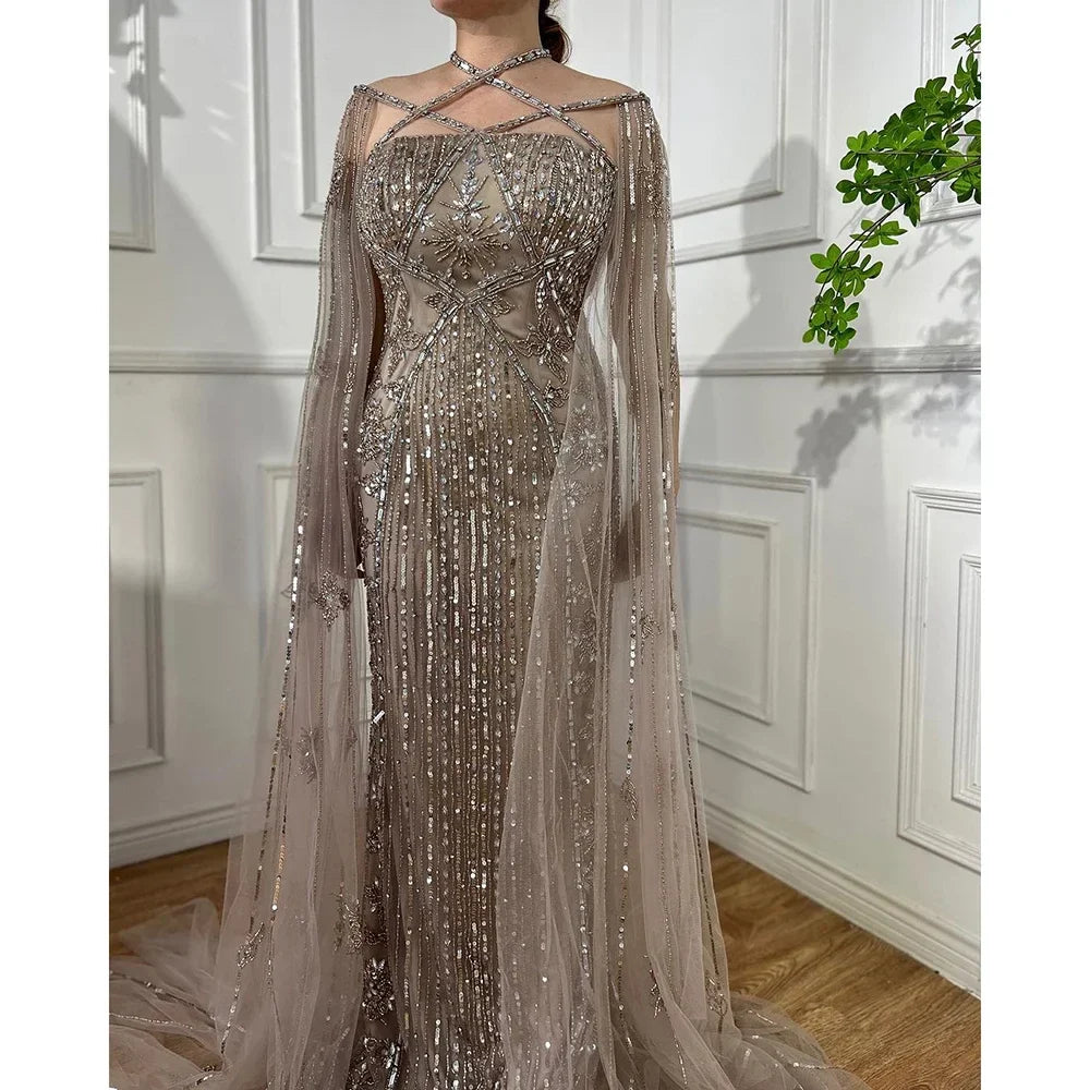 Luxuriöses aqua-lila Meerjungfrau-Abendkleid mit Cape-Ärmeln LA71905