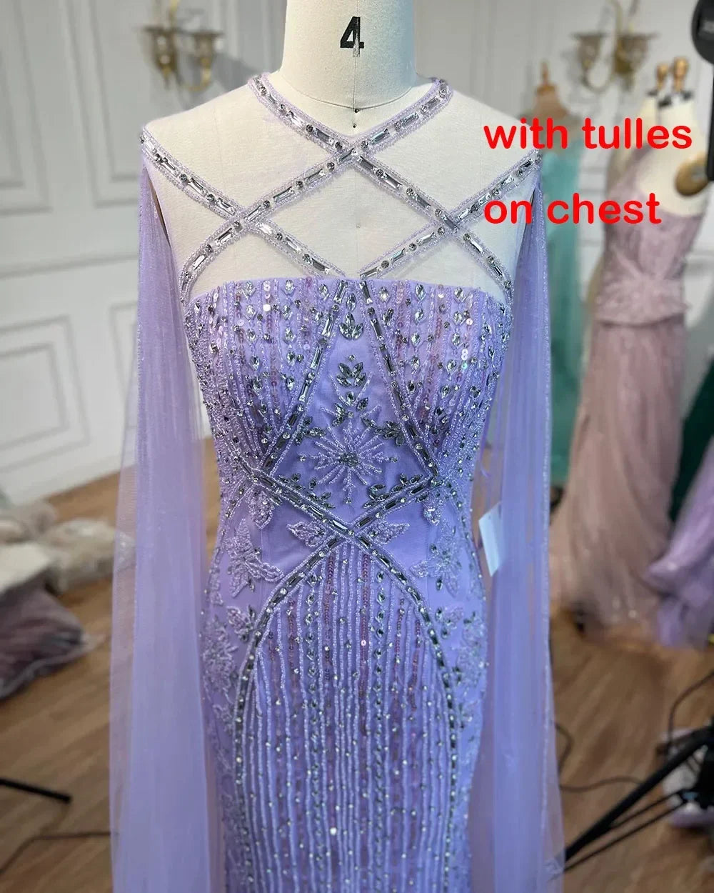 Luxuriöses aqua-lila Meerjungfrau-Abendkleid mit Cape-Ärmeln LA71905