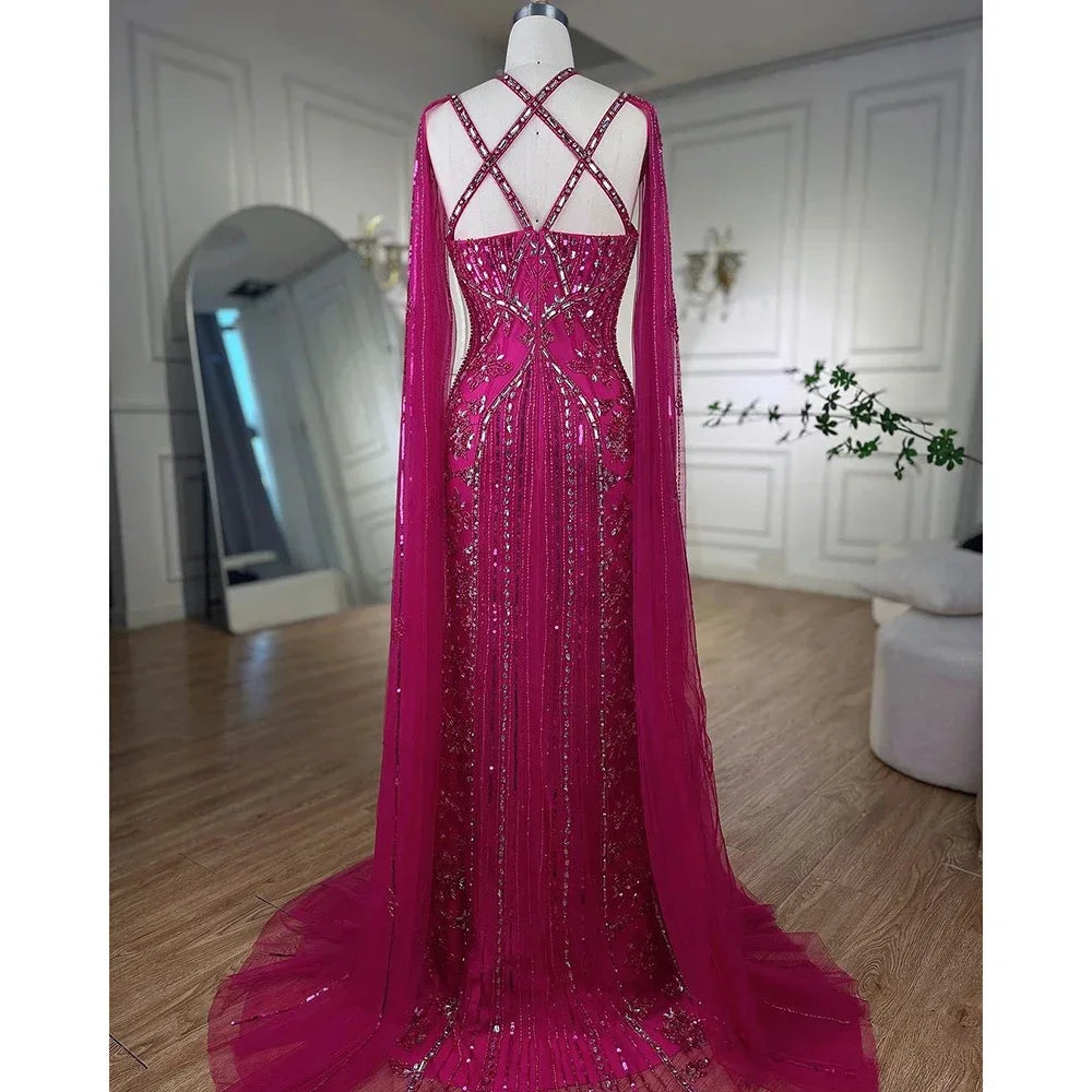 Luxuriöses aqua-lila Meerjungfrau-Abendkleid mit Cape-Ärmeln LA71905