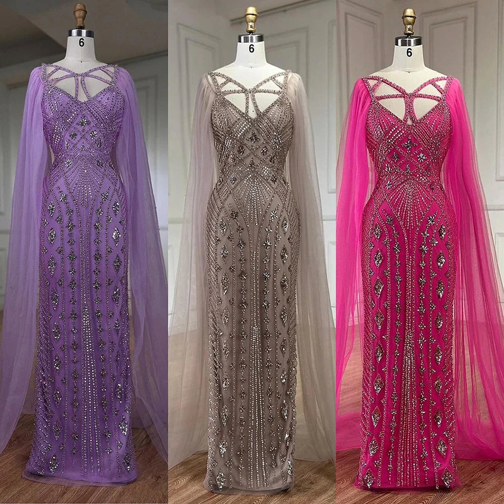 Vestidos de noche elegantes de sirena de Dubái, de lujo, con chal lila y cuentas, para mujer, 2025, para fiesta, LA72186