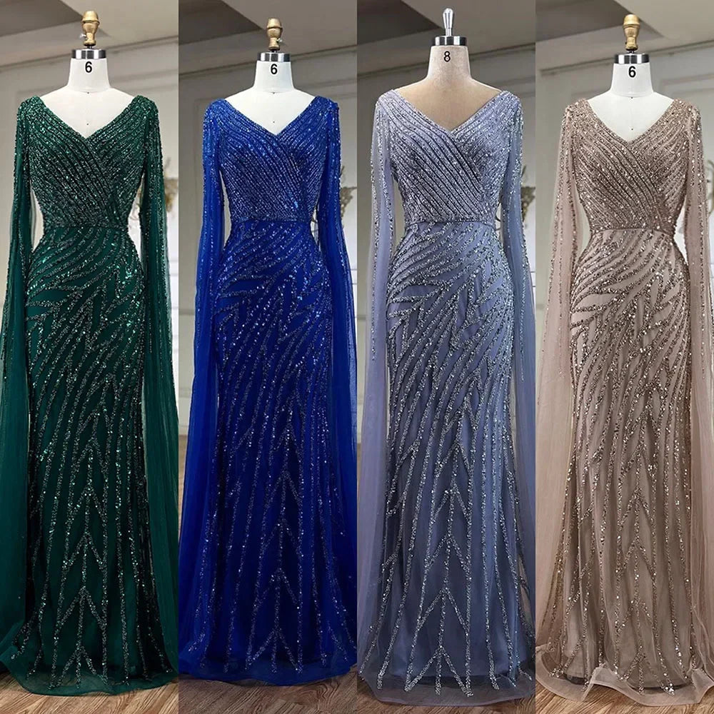 Vestido de noche elegante de lujo con mangas estilo capa y cuentas azules de sirena árabe para mujer, para fiesta de boda 2025 LA71493A