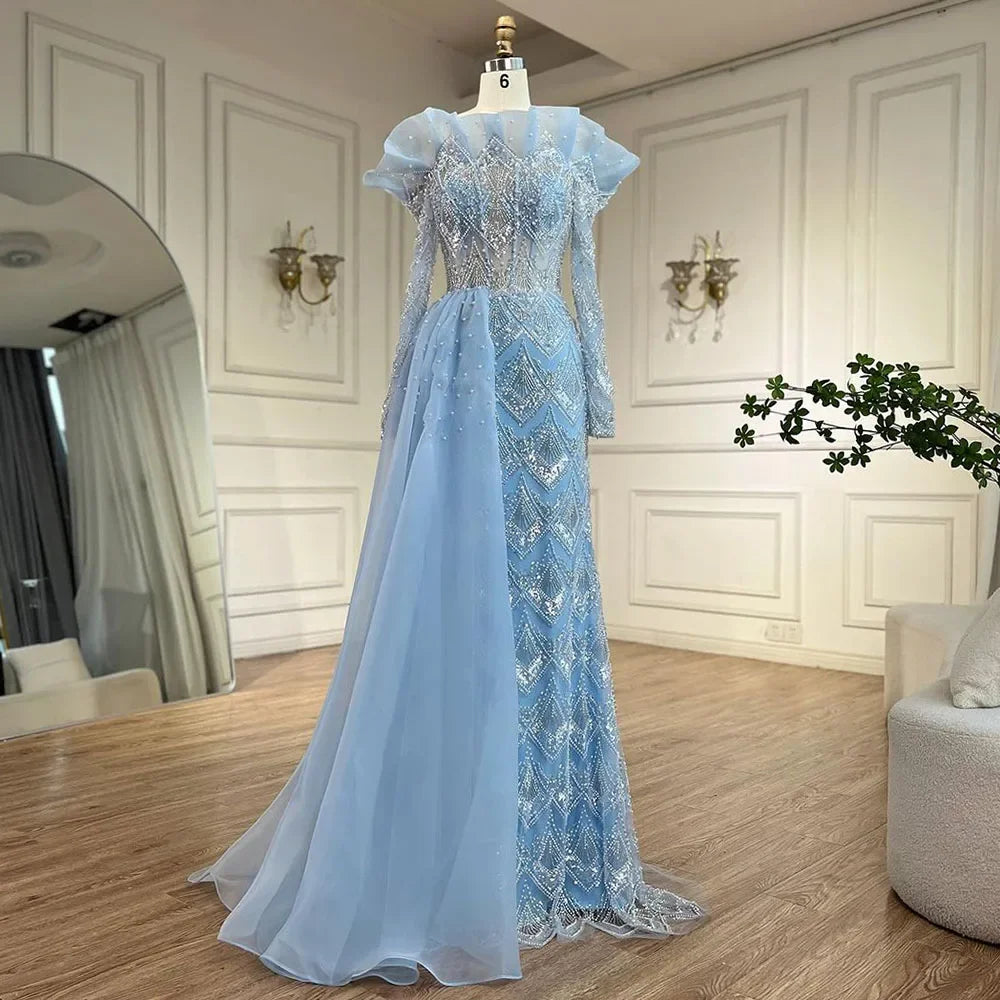 Elegante vestido de noche de lujo con escote sirena árabe en naranja y perlas para mujer, ideal para fiestas 2025 LA71649A