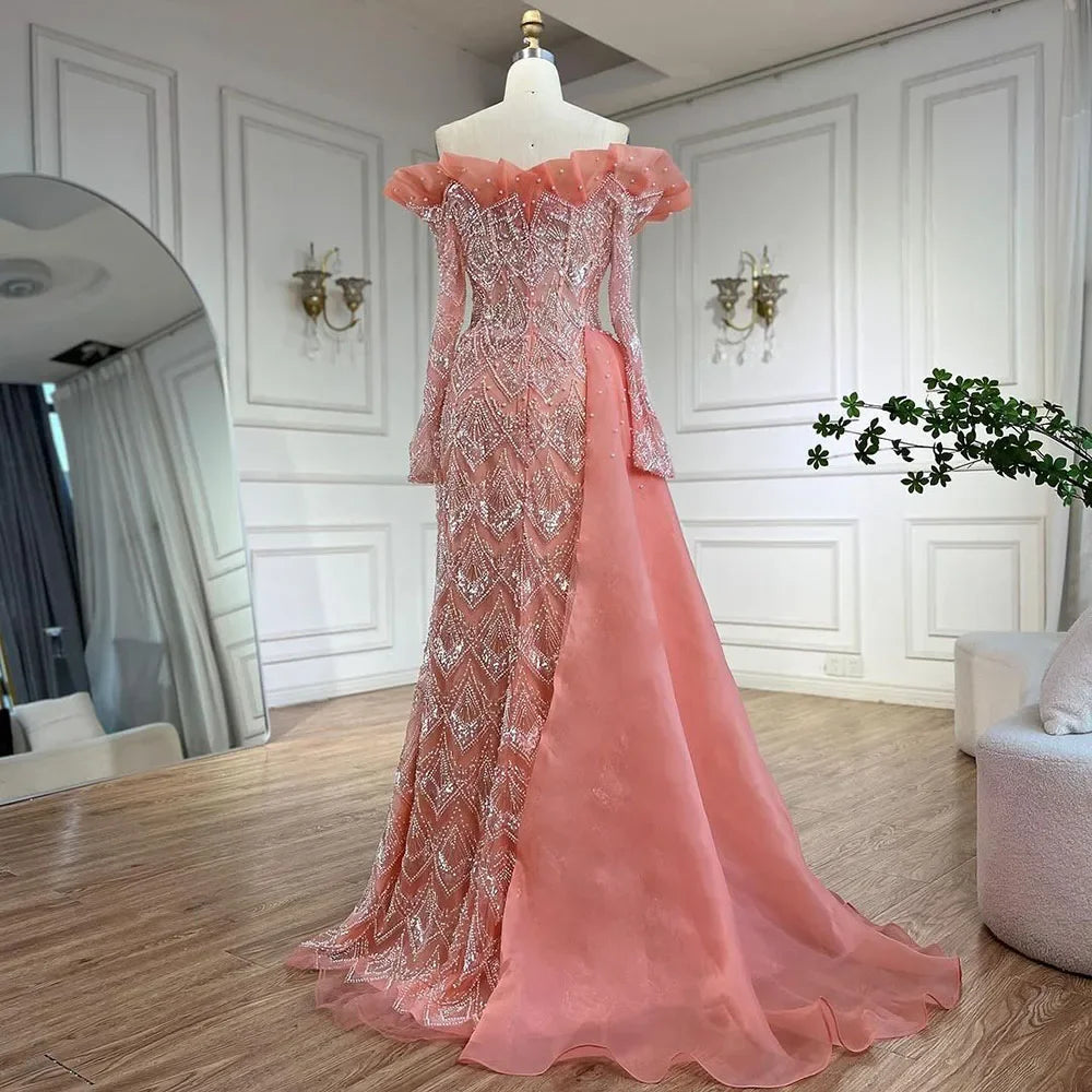 Elegante vestido de noche de lujo con escote sirena árabe en naranja y perlas para mujer, ideal para fiestas 2025 LA71649A