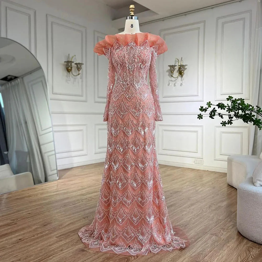 Elegante vestido de noche de lujo con escote sirena árabe en naranja y perlas para mujer, ideal para fiestas 2025 LA71649A