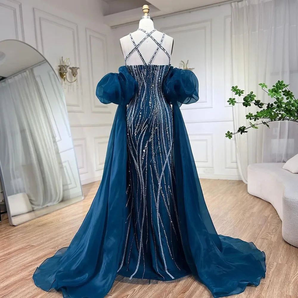 Vestido de noche elegante estilo sirena azul marino árabe con mangas globo y cuentas de lujo estilo Dubái para mujer, vestido de fiesta LA72072