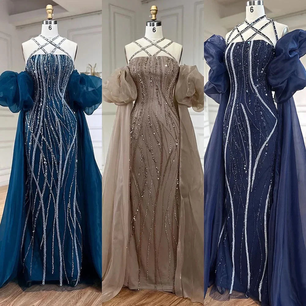 Vestido de noche elegante estilo sirena azul marino árabe con mangas globo y cuentas de lujo estilo Dubái para mujer, vestido de fiesta LA72072