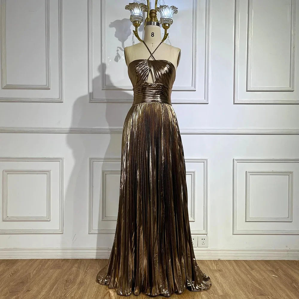 Vestido de noche árabe azul marino con escote halter, espalda con cordones y cuentas, corte sirena, para mujer | Fiesta de bodas 2025 LA72625