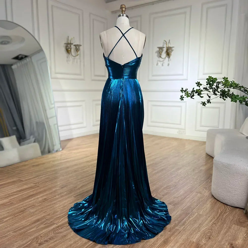 Vestido de noche árabe azul marino con escote halter, espalda con cordones y cuentas, corte sirena, para mujer | Fiesta de bodas 2025 LA72625