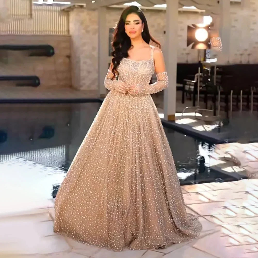 Vestido de noche árabe color piel, corte A, 2025, tirantes finos y guantes para boda de mujer LA72363