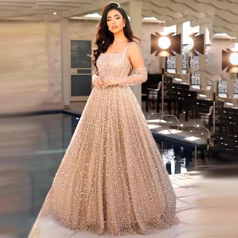 Vestido de noche árabe color piel, corte A, 2025, tirantes finos y guantes para boda de mujer LA72363
