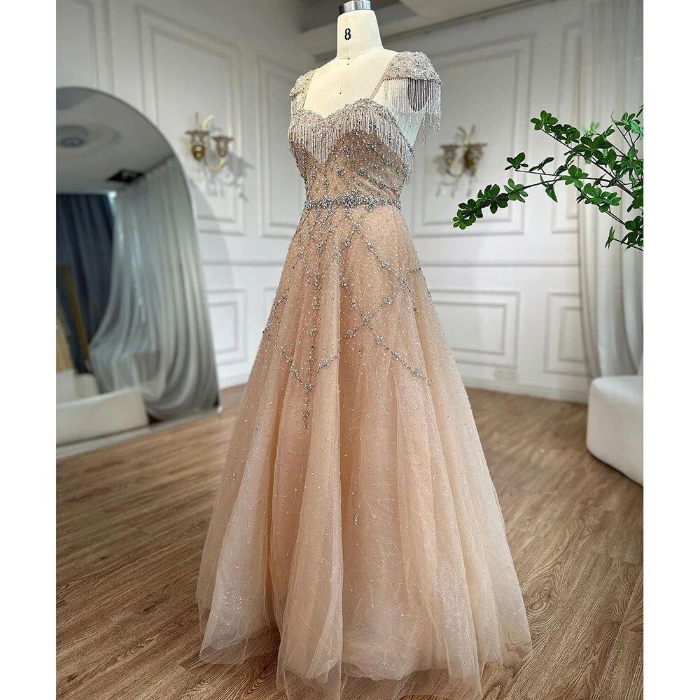 Vestido de noche árabe color nude, corte en A, escote corazón, cuentas, borlas y encaje para mujer, para boda, fiesta, 2025, LA72214