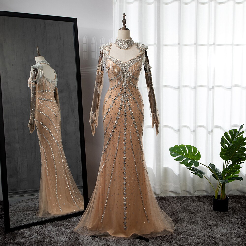 En oferta, sin devolución ni reembolso, elegante vestido de noche estilo sirena, estilo árabe, con escote en forma de corazón, de lujo, con borlas y cuentas, para mujer, fiesta, LA71540