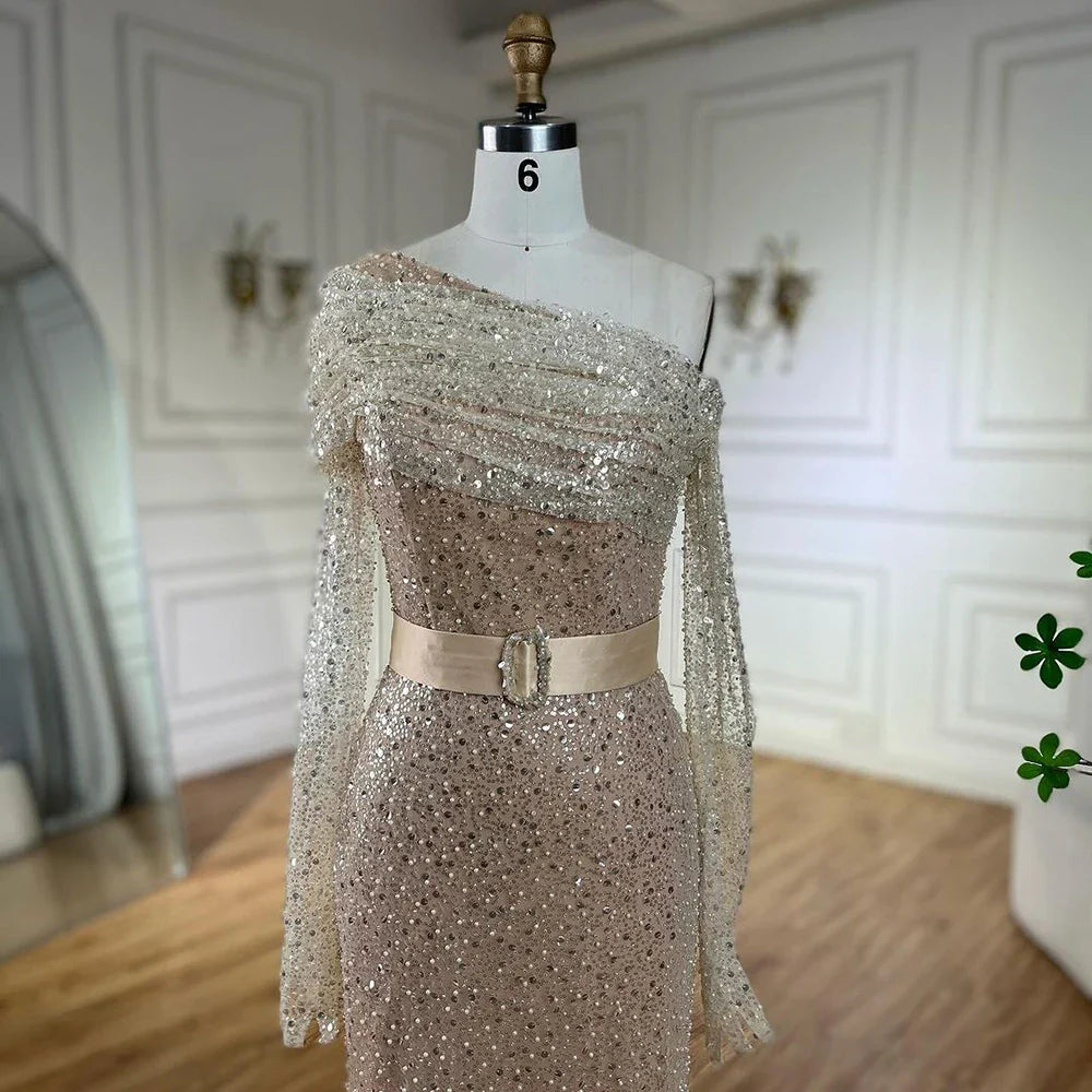 Elegante vestido de noche árabe de Dubái con un solo hombro y cuentas, ideal para bodas y fiestas 2025 LA72318D
