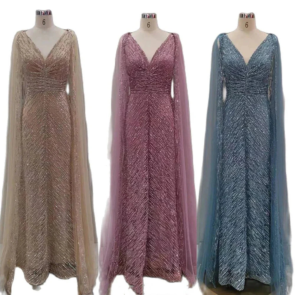 Vestidos de noche árabes de lujo color piel con mangas capa, corte A, con cuentas y corte en A para boda de mujer 2025 LA72573