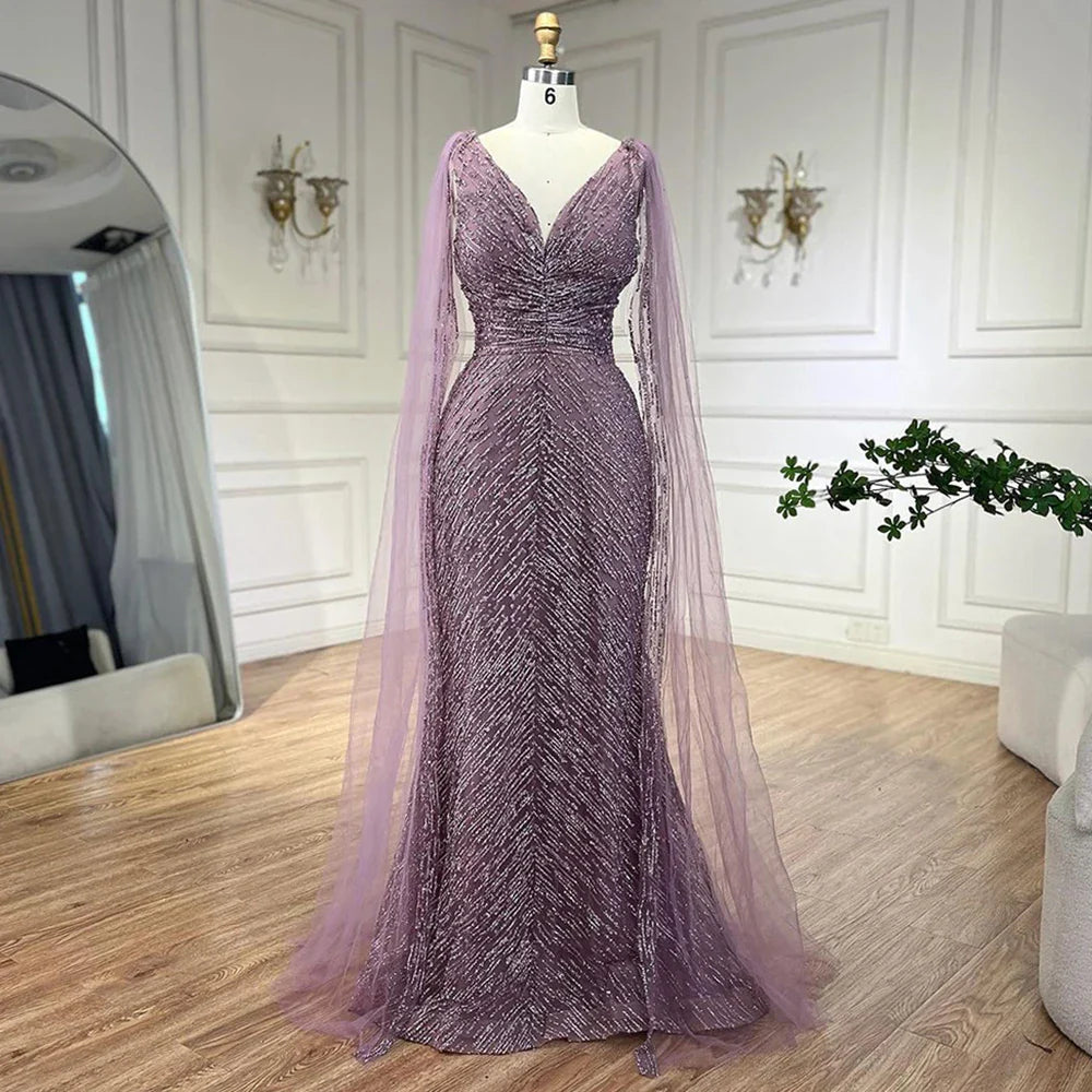 Vestidos de noche árabes de lujo color piel con mangas capa, corte A, con cuentas y corte en A para boda de mujer 2025 LA72573