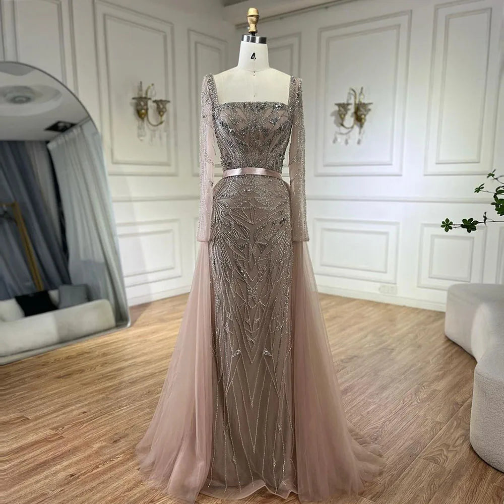 Vestido de noche largo estilo sirena árabe con cuentas, de lujo, estilo Dubái, 2 en 1, con falda y sobrefalda, para mujer, fiesta, 2025, LA72261A