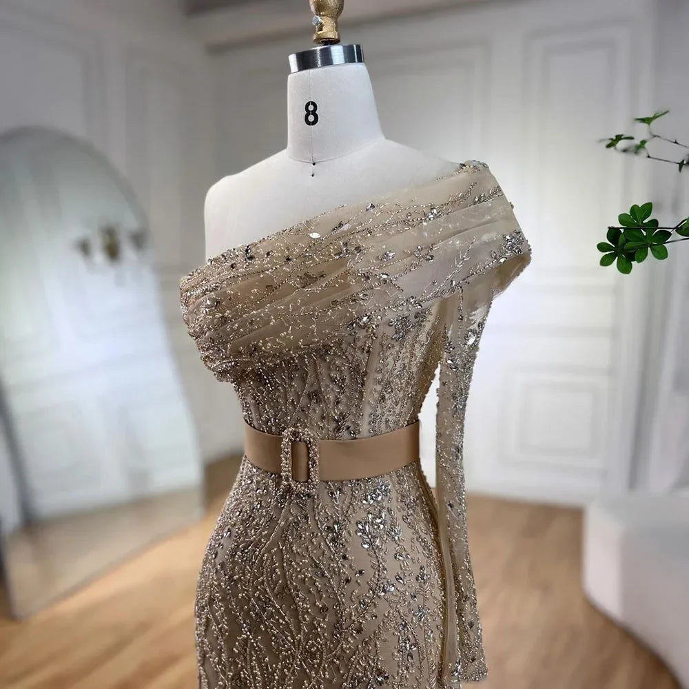 Vestidos de noche de lujo estilo sirena árabe con un solo hombro y cuentas, estilo Dubái, para mujer, para boda, fiesta, 2025, LA72161