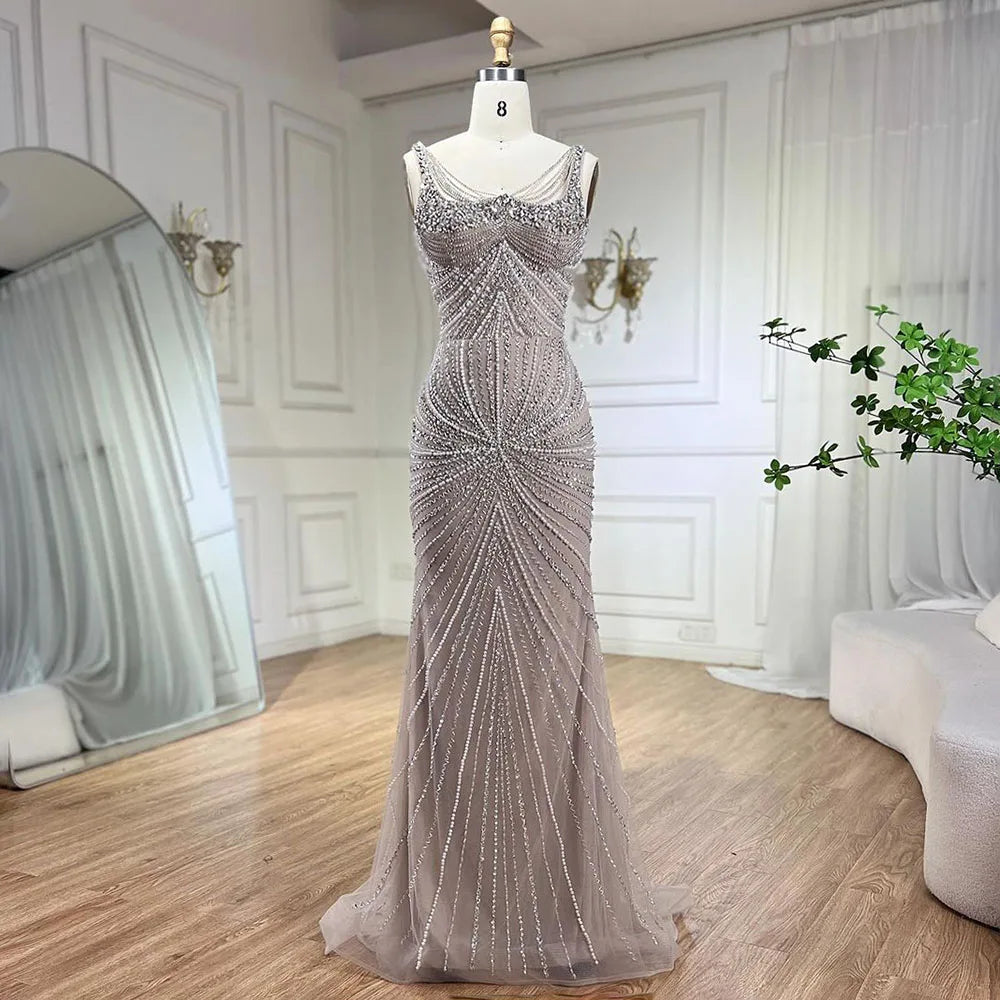 Vestido de noche árabe de sirena con tirantes finos, color nude, con perlas de lujo y cuentas, para mujer, para boda, fiesta, 2025, LA72356