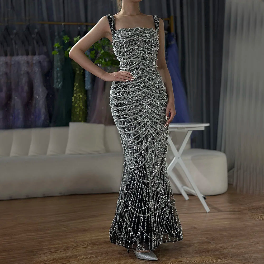 Luxus Perlen Nude Spaghettiträger Abendkleid LA72606A
