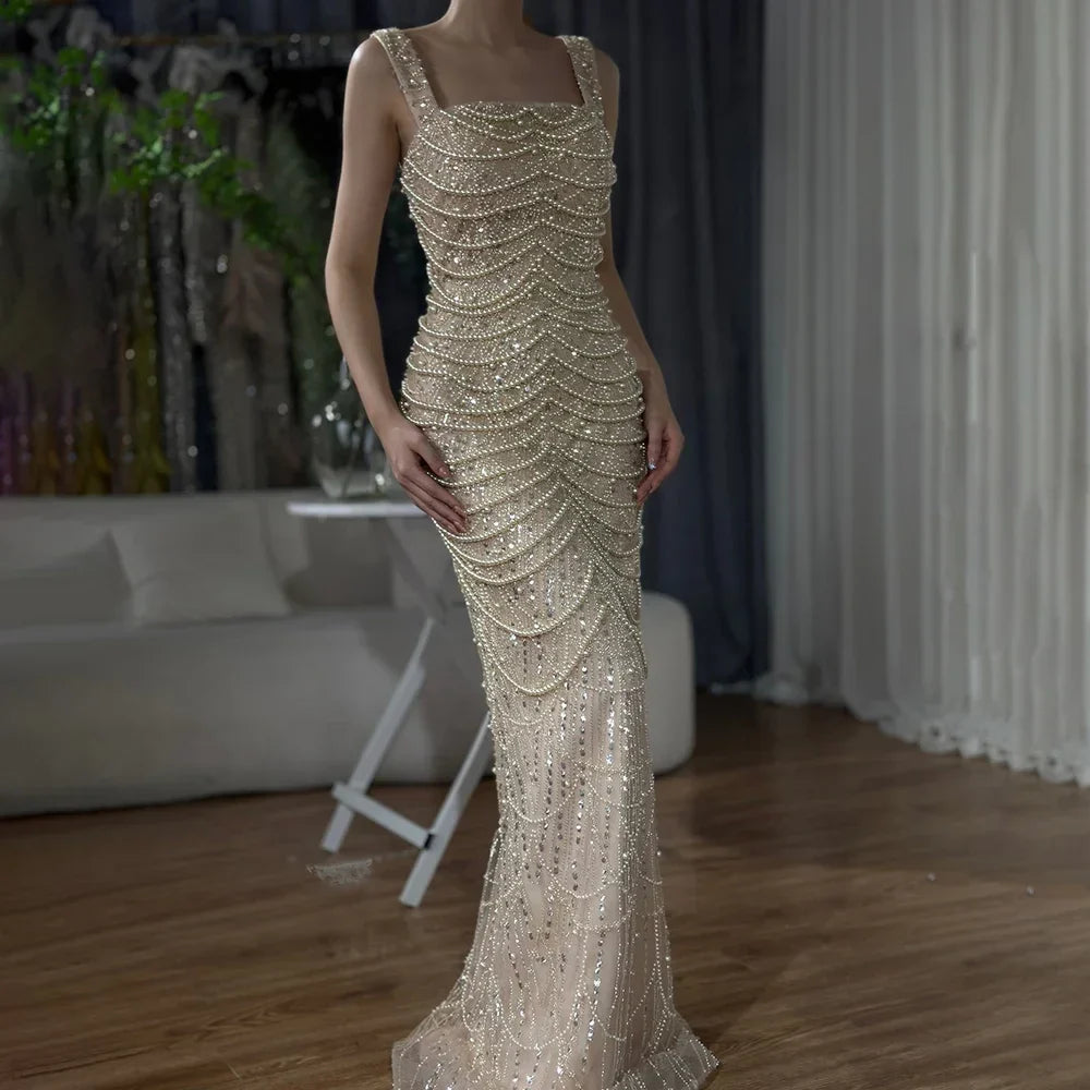 Luxus Perlen Nude Spaghettiträger Abendkleid LA72606A