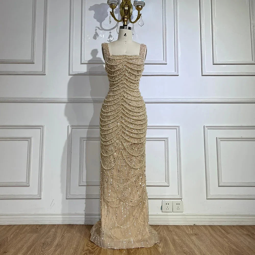 Luxus Perlen Nude Spaghettiträger Abendkleid LA72606A