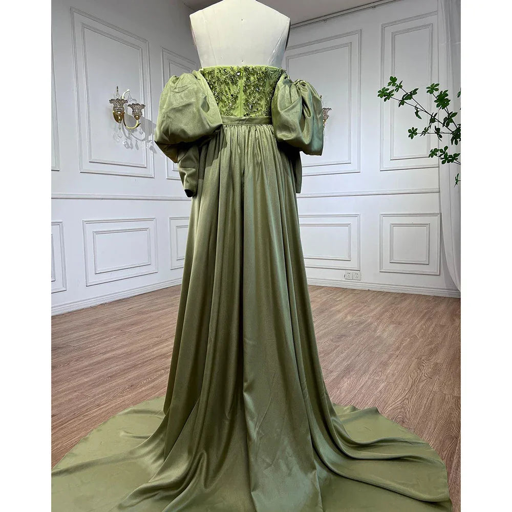 Vestido de noche árabe de satén oliva, estilo sirena, sin tirantes, con mangas abullonadas y cuentas, para mujer, para boda, fiesta, LA71120A