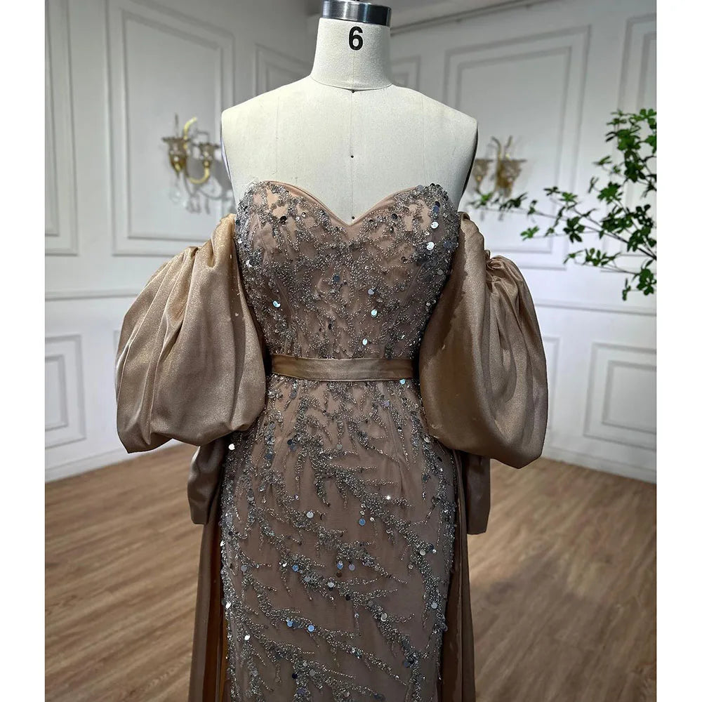 Vestido de noche árabe de satén oliva, estilo sirena, sin tirantes, con mangas abullonadas y cuentas, para mujer, para boda, fiesta, LA71120A
