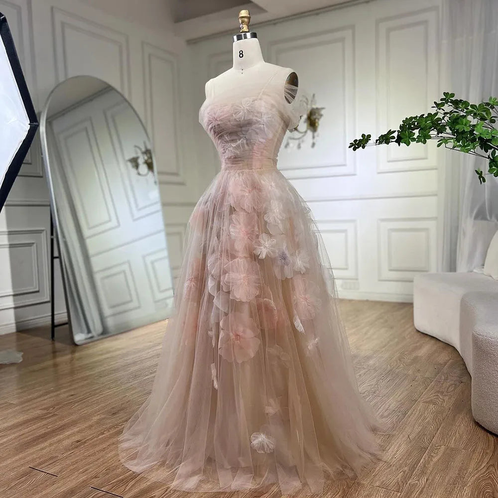 Vestidos de noche árabes de corte A en rosa con apliques y cordones de lujo de Dubái para mujer, vestidos de fiesta de boda 2025 LA72274
